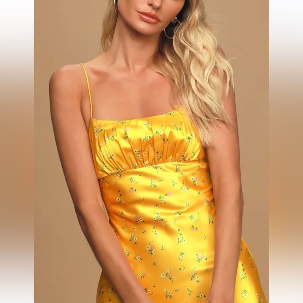 KOURT Rachel Yellow Floral Print Satin Midi Dress XS Wedding Guest - Picture 2 of 13